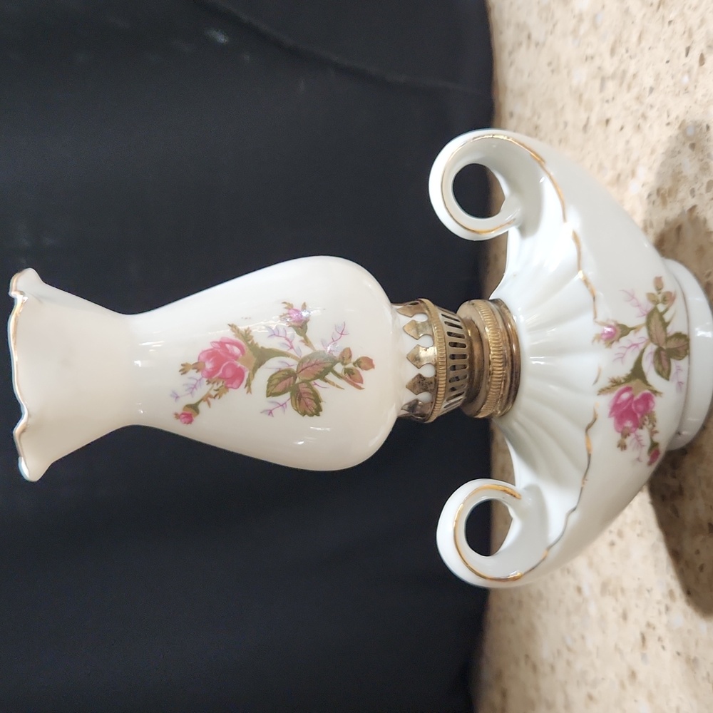 Vintage Miniature Victorian Style Oil Lamp With Handle Floral Porcelain